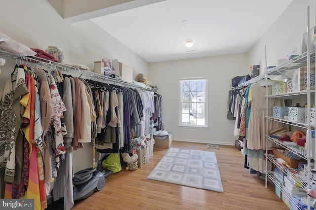 walk in closet with wood finished floors