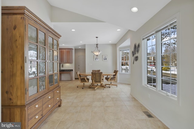 dining space featuring recessed lighting, baseboards, visible vents, and light tile patterned floors