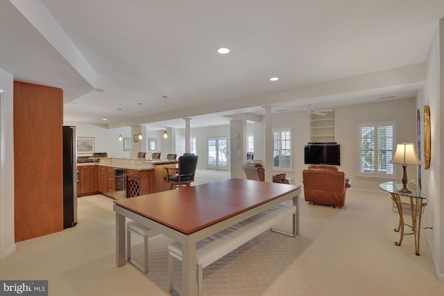 interior space with a healthy amount of sunlight, light carpet, and a ceiling fan