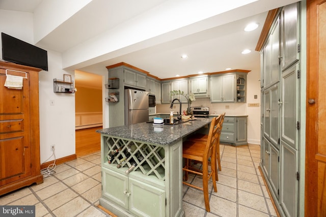 304 King Rd, West Chester, PA 19380 - kitchen featuring a kitchen bar, open shelves, baseboards, appliances with stainless steel finishes, and recessed lighting