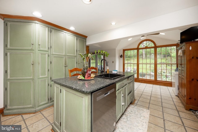 304 King Rd, West Chester, PA 19380 - kitchen featuring dark stone countertops, a sink, green cabinetry, dishwasher, and lofted ceiling