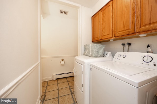 304 King Rd, West Chester, PA 19380 - laundry room featuring cabinet space, washing machine and dryer, visible vents, and baseboard heating