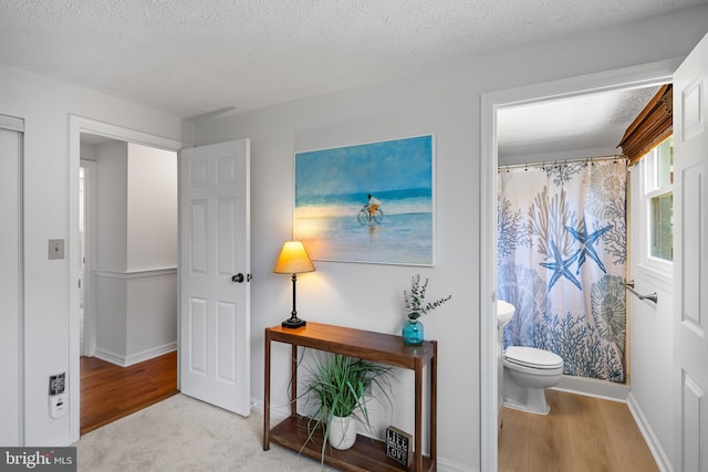interior space featuring baseboards, wood finished floors, and a textured ceiling