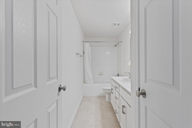 bathroom featuring toilet, vanity, tile patterned flooring, visible vents, and shower / bath combination with curtain