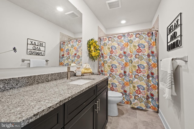 full bath with tile patterned floors, toilet, visible vents, recessed lighting, and vanity