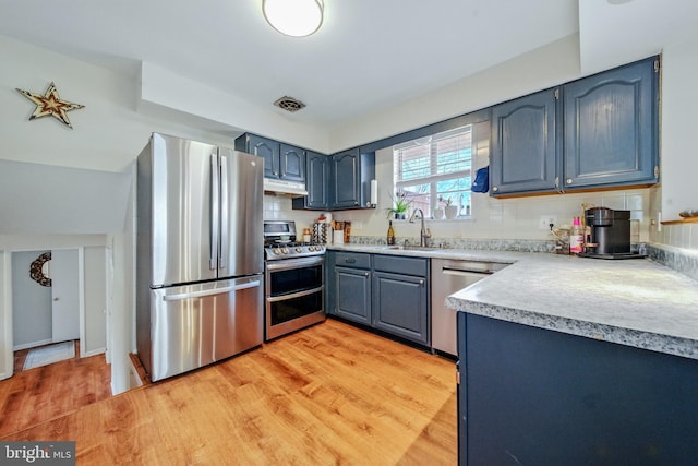 kitchen with under cabinet range hood, light wood-style floors, visible vents, stainless steel appliances, and a sink
