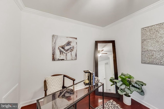 office area featuring crown molding, baseboards, and dark wood-style floors