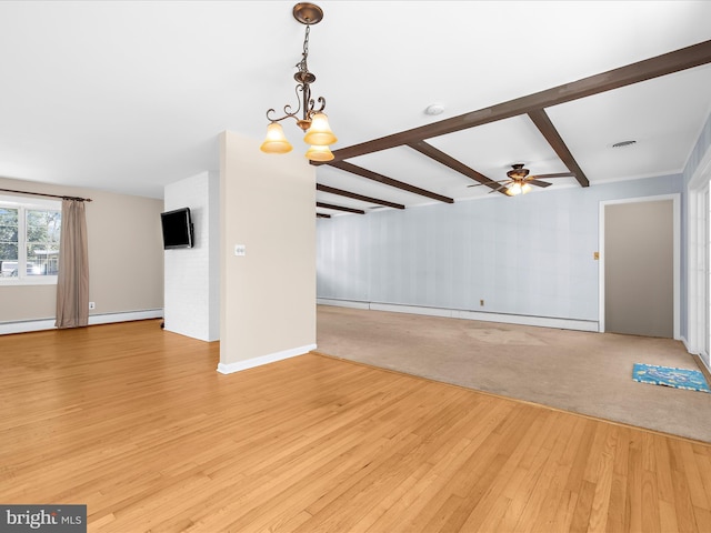 unfurnished living room featuring beamed ceiling, light wood-type flooring, visible vents, and ceiling fan with notable chandelier