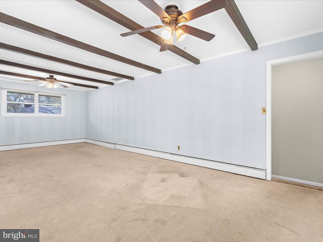 carpeted spare room with beamed ceiling, a ceiling fan, and baseboard heating
