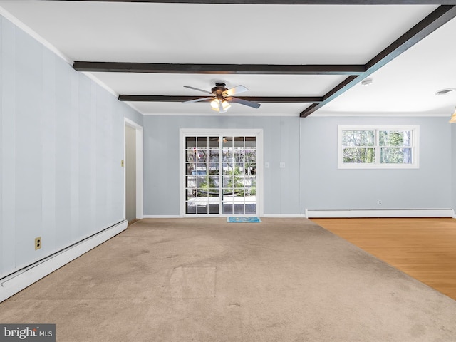 unfurnished living room with baseboard heating, carpet flooring, a ceiling fan, and beam ceiling
