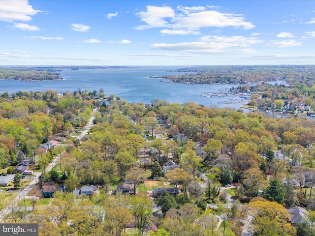 drone / aerial view featuring a view of trees and a water view