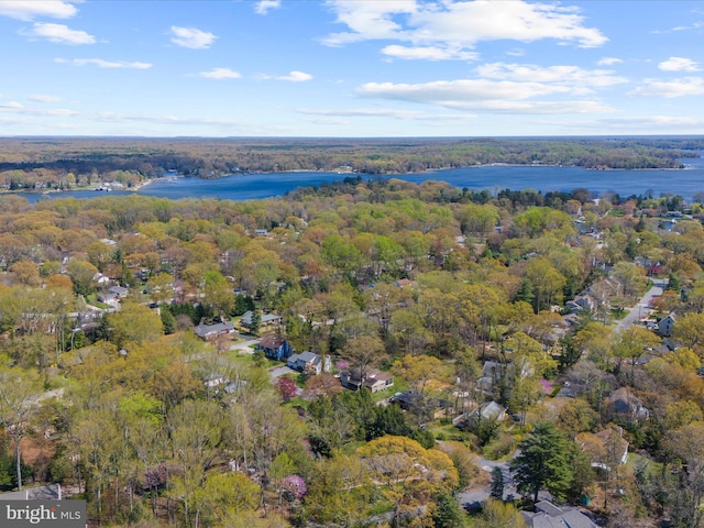drone / aerial view featuring a water view and a view of trees