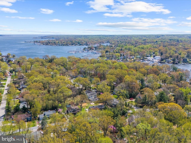 drone / aerial view with a water view and a wooded view