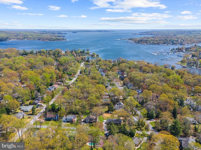 birds eye view of property featuring a forest view and a water view
