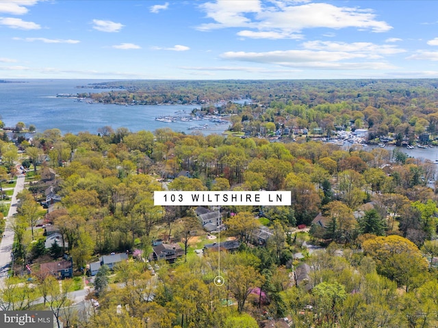 birds eye view of property with a water view and a wooded view