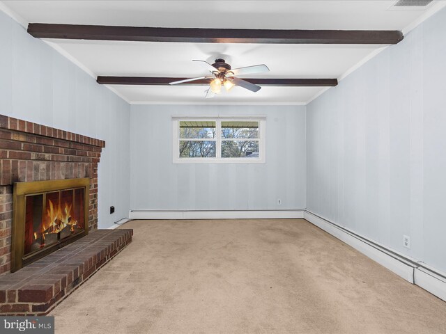 unfurnished living room featuring carpet flooring, ceiling fan, and beam ceiling