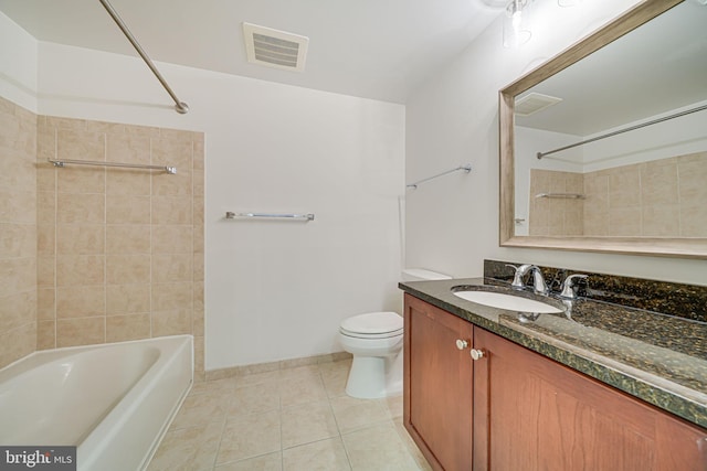 bathroom featuring visible vents, toilet, tile patterned floors, vanity, and  shower combination