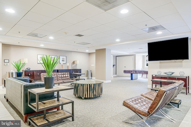 living room featuring light carpet, billiards, baseboards, visible vents, and a paneled ceiling