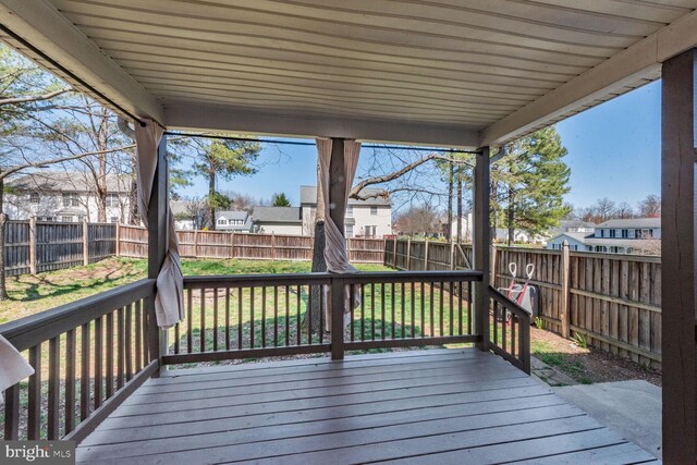 deck with a yard, a residential view, and a fenced backyard