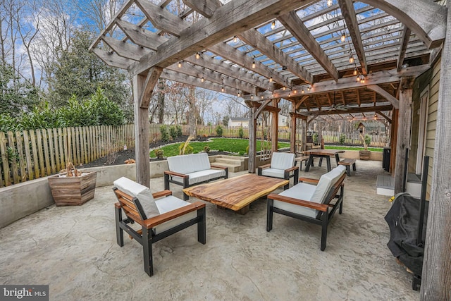 6750 Stonehurst Ct, Warrenton, VA 20187 - fenced backyard with an outdoor living space, a patio, and a pergola
