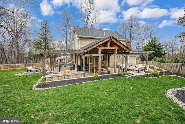 6750 Stonehurst Ct, Warrenton, VA 20187 - back of house with an outdoor hangout area, a pergola, a patio area, and roof with shingles
