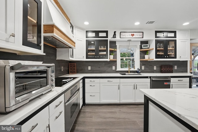 6750 Stonehurst Ct, Warrenton, VA 20187 - kitchen featuring a sink, custom range hood, appliances with stainless steel finishes, tasteful backsplash, and recessed lighting