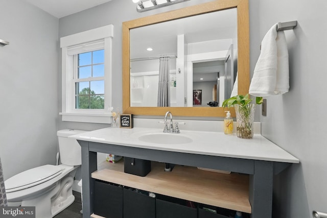 6750 Stonehurst Ct, Warrenton, VA 20187 - bathroom with toilet, vanity, and a shower with curtain