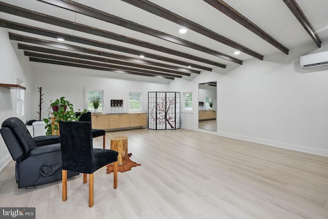6750 Stonehurst Ct, Warrenton, VA 20187 - living area with baseboards, beamed ceiling, wood finished floors, recessed lighting, and an AC wall unit