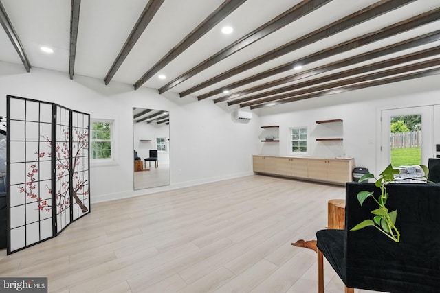 6750 Stonehurst Ct, Warrenton, VA 20187 - sitting room with beam ceiling, light wood-style flooring, baseboards, recessed lighting, and a wall mounted air conditioner
