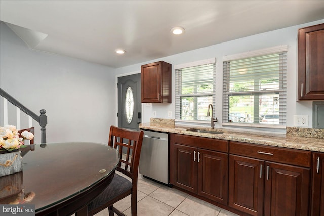 421 Burbank Ct, Baltimore, MD 21227 - kitchen featuring dishwasher, a sink, light tile patterned floors, light stone countertops, and recessed lighting