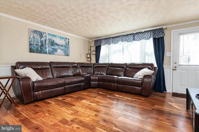 421 Burbank Ct, Baltimore, MD 21227 - living room featuring wainscoting, ornamental molding, wood-type flooring, and a textured ceiling