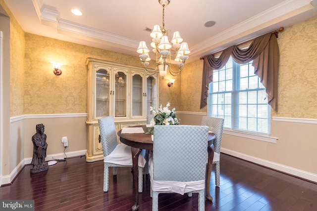 14 Komen Ct, Sellersville, PA 18960 - dining area featuring crown molding, hardwood / wood-style floors, a notable chandelier, and wallpapered walls