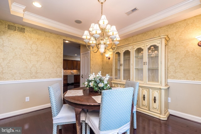 14 Komen Ct, Sellersville, PA 18960 - dining area featuring a notable chandelier, dark wood-style flooring, wallpapered walls, and visible vents