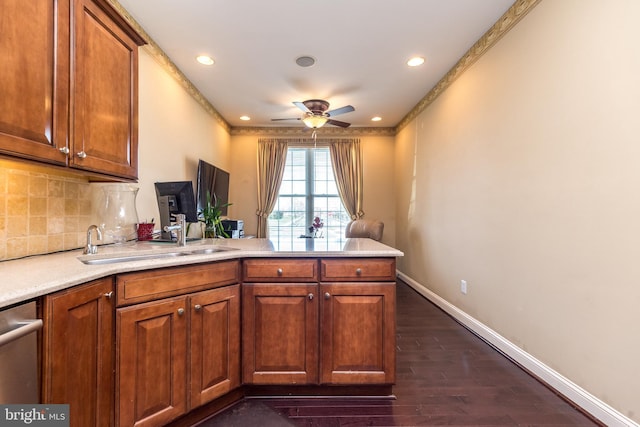 14 Komen Ct, Sellersville, PA 18960 - kitchen featuring tasteful backsplash, a peninsula, a ceiling fan, dishwasher, and a sink