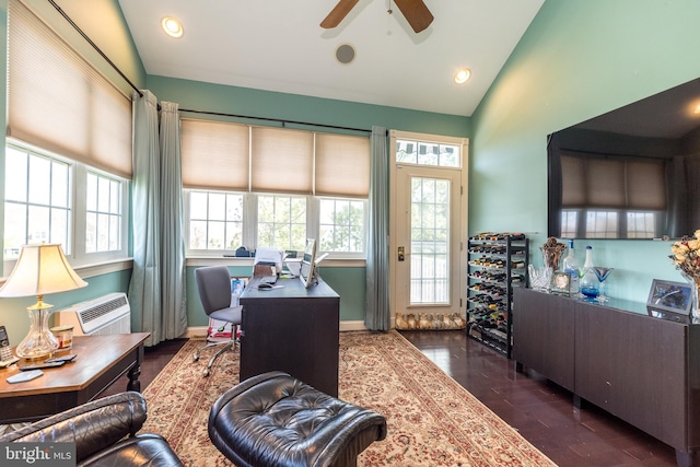 14 Komen Ct, Sellersville, PA 18960 - office space featuring a wall mounted AC, dark wood-type flooring, vaulted ceiling, and ceiling fan