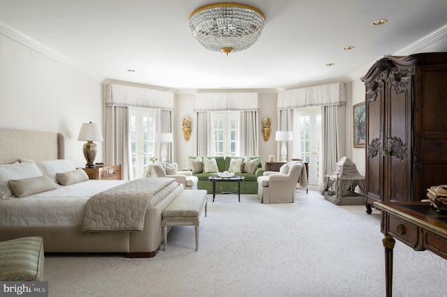 2838 Mcgill Ter NW, Washington, DC 20008 - carpeted bedroom with multiple windows, ornamental molding, and a chandelier