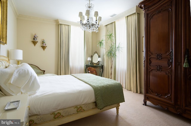 2838 Mcgill Ter NW, Washington, DC 20008 - bedroom with a chandelier, light carpet, and crown molding