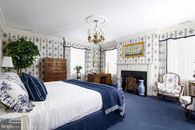 2838 Mcgill Ter NW, Washington, DC 20008 - carpeted bedroom with wallpapered walls, crown molding, a chandelier, and a fireplace with flush hearth