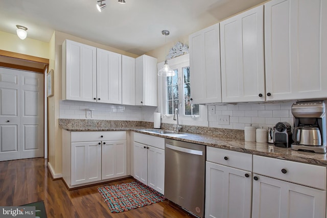 kitchen with a sink, white cabinets, dishwasher, and dark wood-style flooring