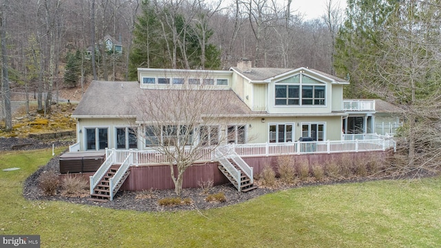 1909 Marsh Hill Rd, Mc Henry, MD 21541 - rear view of property featuring a lawn, stairs, a chimney, and a wooden deck