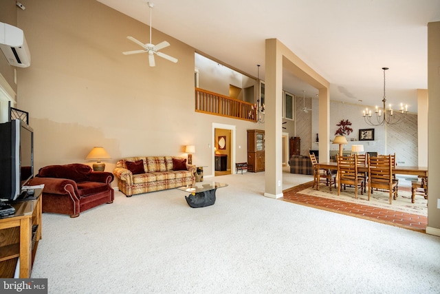 1909 Marsh Hill Rd, Mc Henry, MD 21541 - living area with a wall mounted AC, high vaulted ceiling, ceiling fan with notable chandelier, and carpet floors