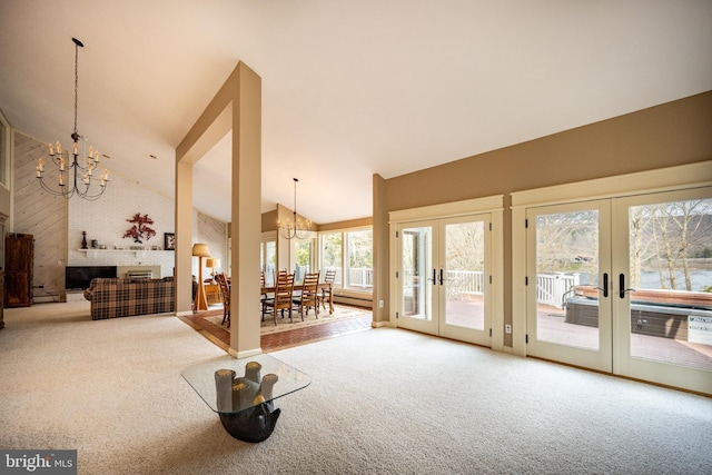 1909 Marsh Hill Rd, Mc Henry, MD 21541 - living room with carpet flooring, french doors, and a chandelier