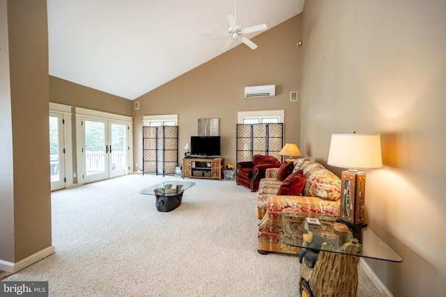 1909 Marsh Hill Rd, Mc Henry, MD 21541 - carpeted living room with a wall unit AC, french doors, high vaulted ceiling, baseboards, and ceiling fan