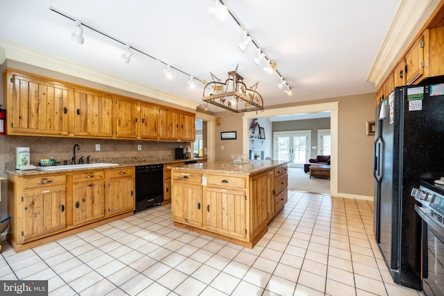 1909 Marsh Hill Rd, Mc Henry, MD 21541 - kitchen featuring light tile patterned flooring, a kitchen island, a sink, black appliances, and a notable chandelier