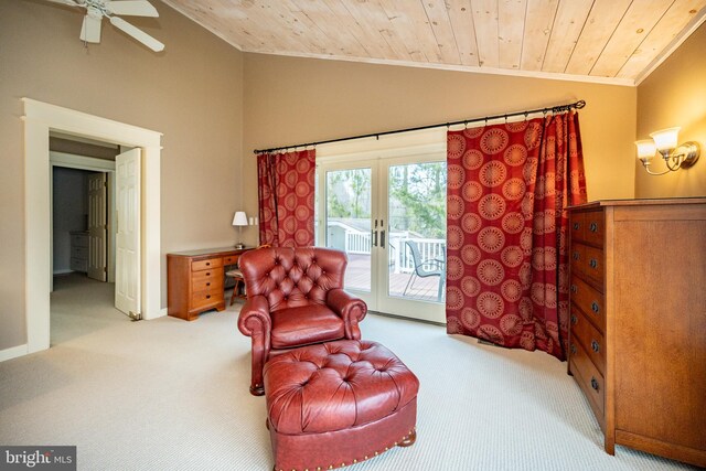 1909 Marsh Hill Rd, Mc Henry, MD 21541 - sitting room with vaulted ceiling, carpet flooring, french doors, wooden ceiling, and ornamental molding