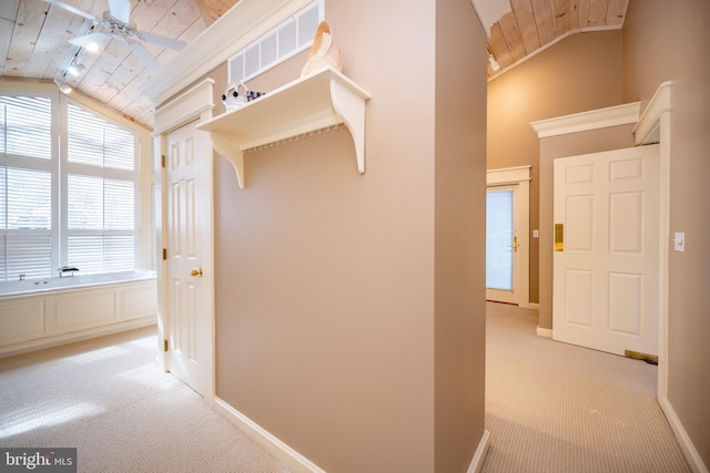 1909 Marsh Hill Rd, Mc Henry, MD 21541 - hallway featuring light colored carpet, lofted ceiling, wooden ceiling, and baseboards