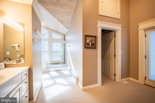 1909 Marsh Hill Rd, Mc Henry, MD 21541 - bathroom featuring vanity, vaulted ceiling, wooden ceiling, baseboards, and visible vents