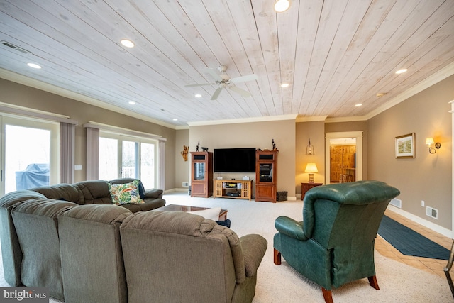 1909 Marsh Hill Rd, Mc Henry, MD 21541 - living room with visible vents, crown molding, wooden ceiling, and recessed lighting