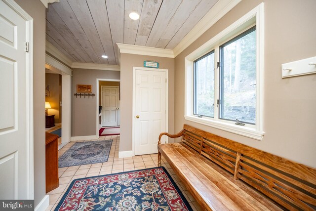 1909 Marsh Hill Rd, Mc Henry, MD 21541 - interior space with light tile patterned floors, baseboards, ornamental molding, recessed lighting, and wooden ceiling