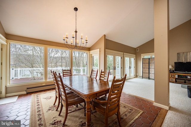 1909 Marsh Hill Rd, Mc Henry, MD 21541 - carpeted dining area with a baseboard radiator, a notable chandelier, high vaulted ceiling, and baseboards